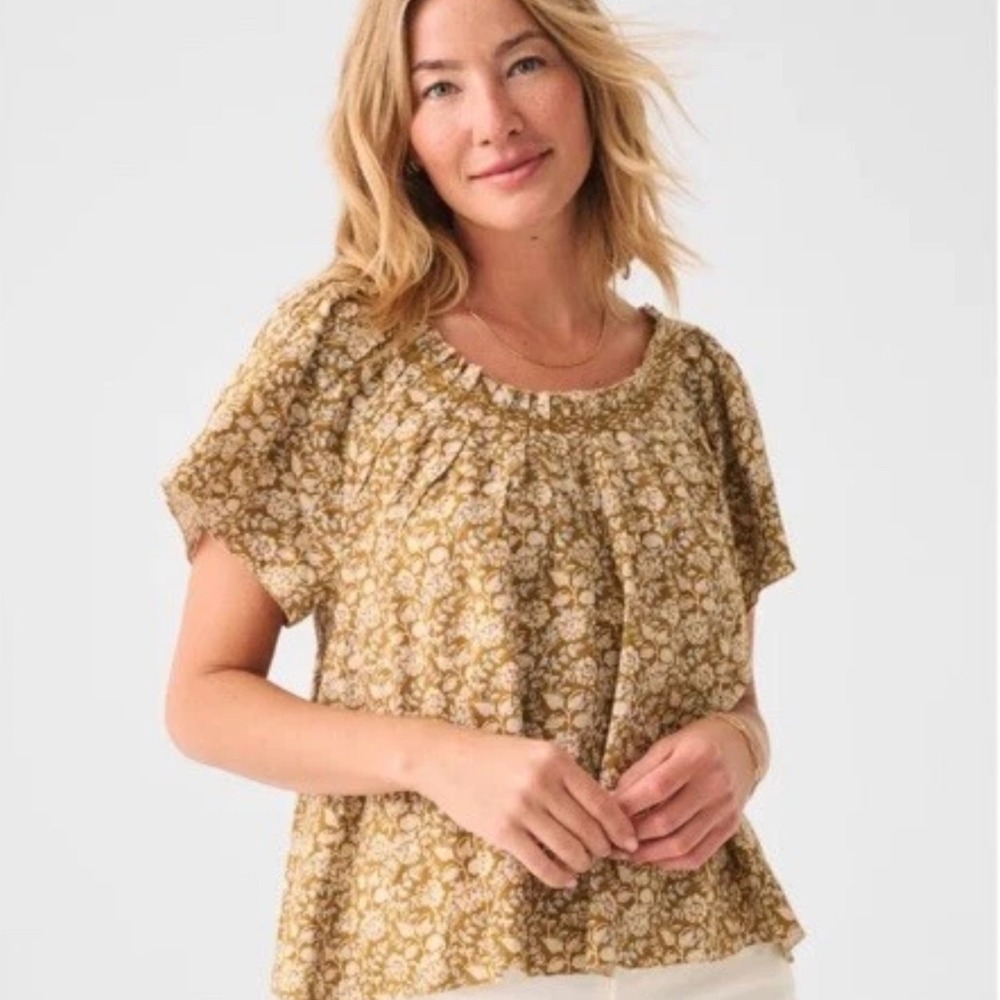 Faherty Annabelle Top Golden Theodora Floral Linen Blouse Boho Mustard Large